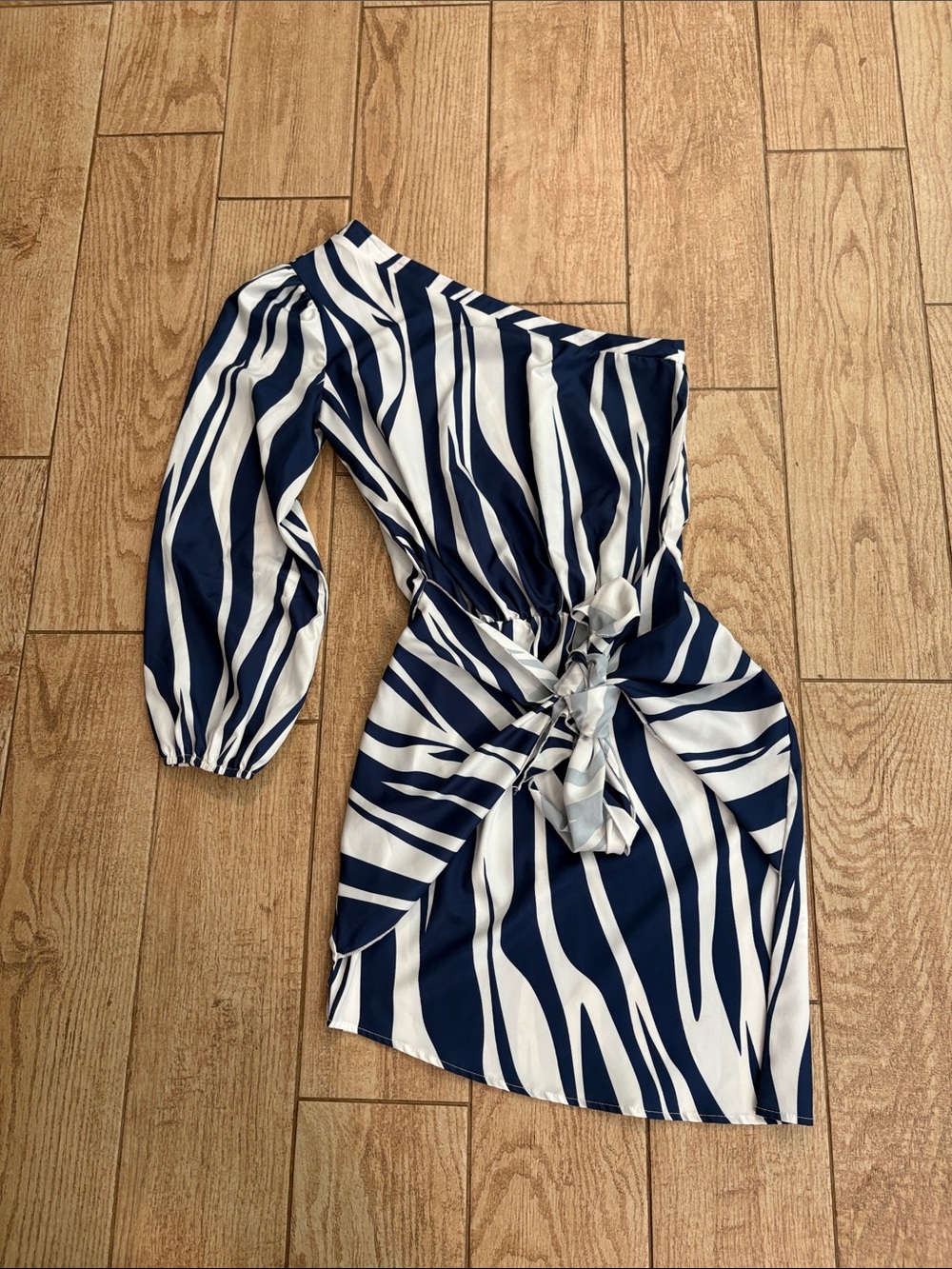 Asymmetric One-Shoulder Navy and White Zebra Dress with Side Tie